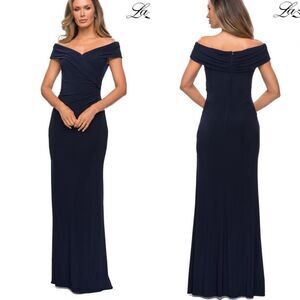 La Femme Navy Off The Shoulder Jersey Dress with Ruching 8